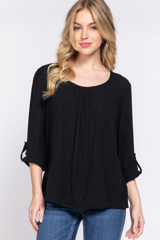 3/4 Roll Up Slv Pleated Blouse