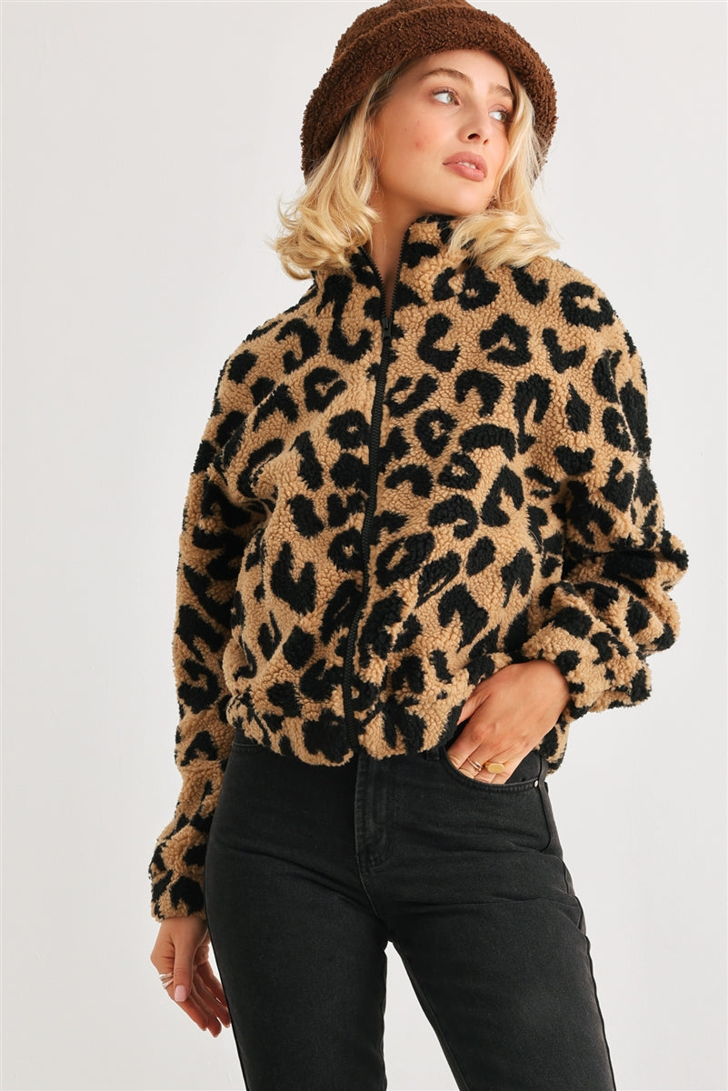 Leopard Teddy Zip-up Two Pocket Jacket