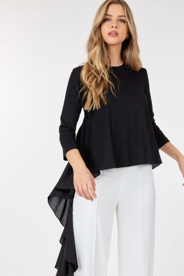 Contrast Ruffle Quarter Sleeve High Low Top