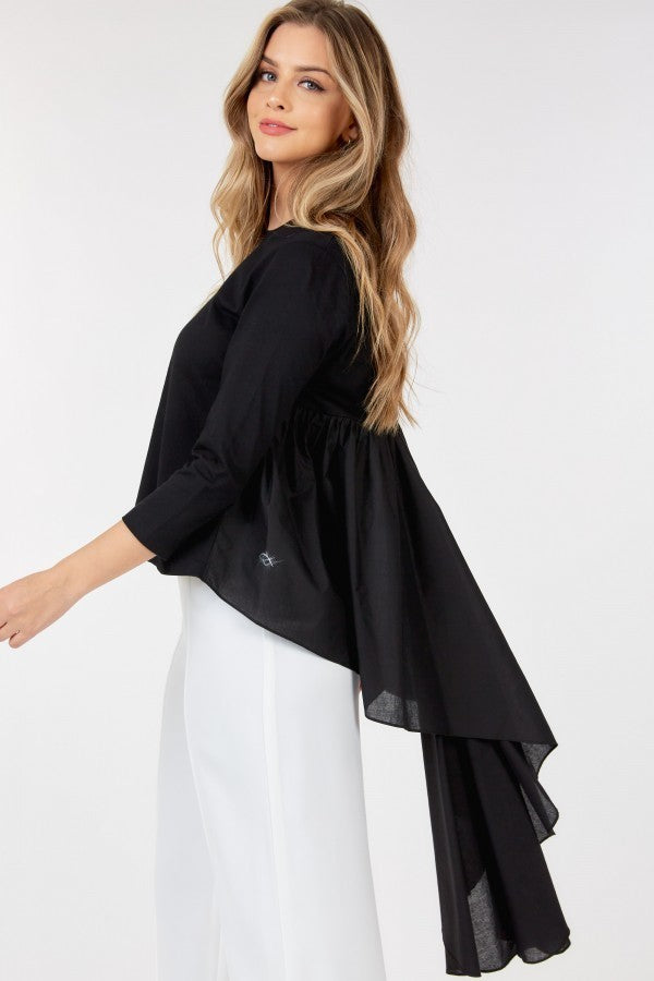 Contrast Ruffle Quarter Sleeve High Low Top