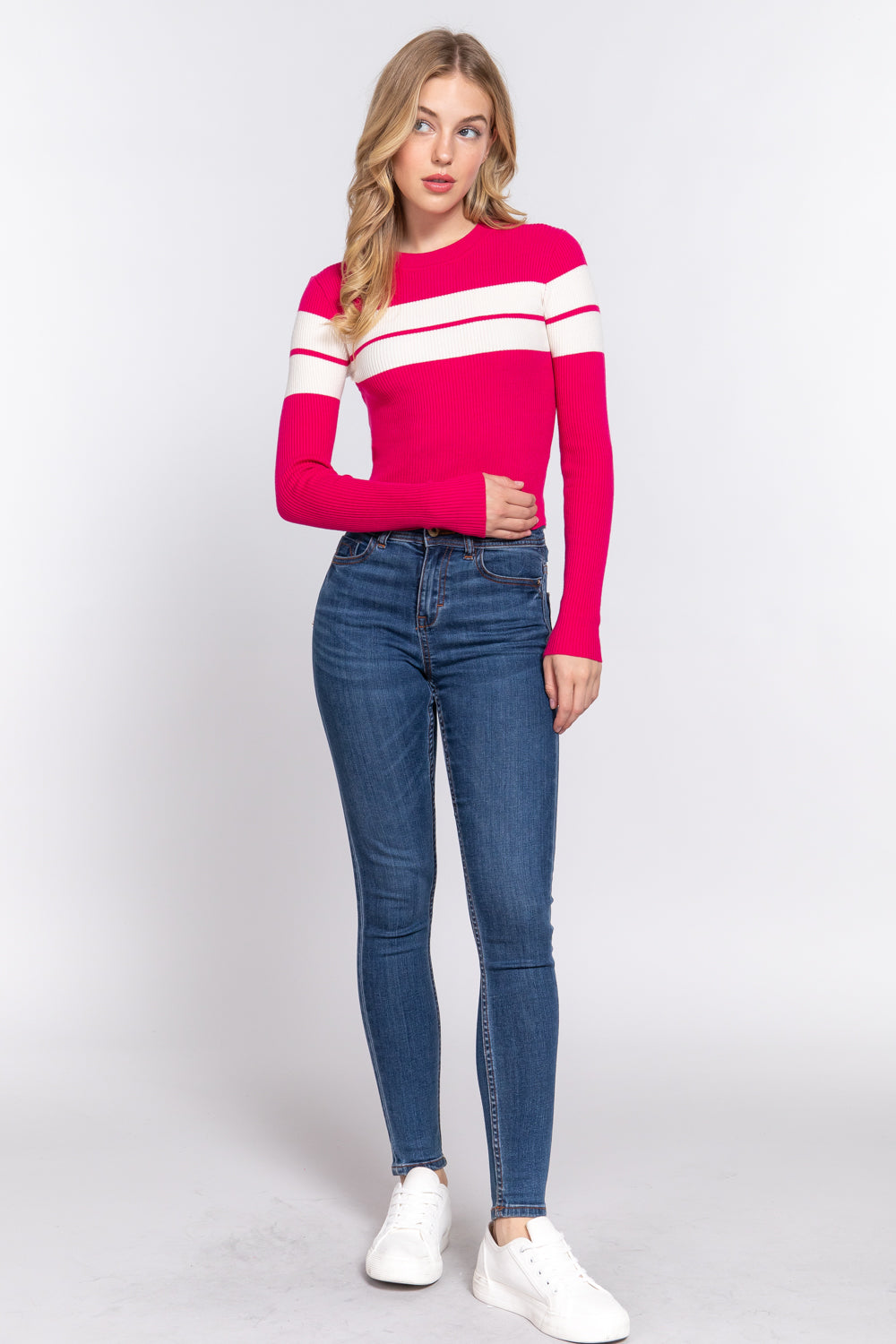 Long Slv Stripe Rib Sweater