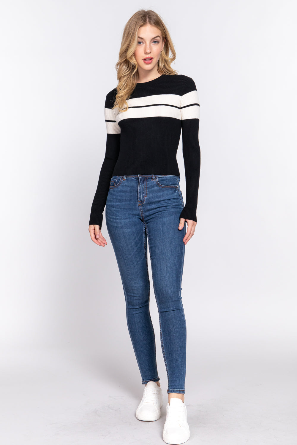 Long Slv Stripe Rib Sweater